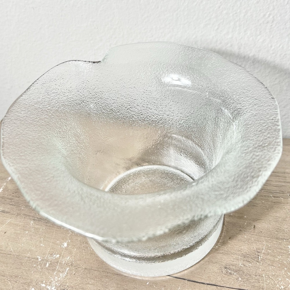 Vintage Frosted Glass Bowl Freeform Scalloped Rim Mid Century Art Glass Vase